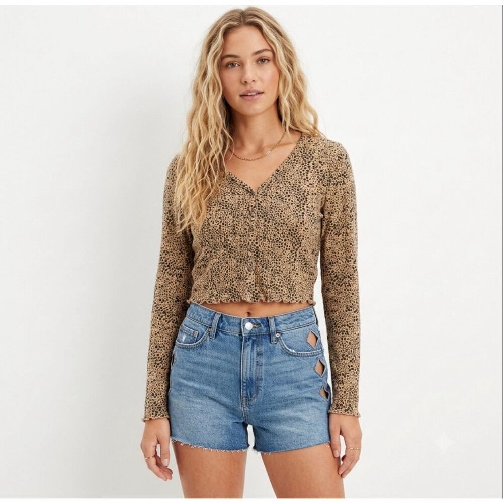 American Eagle Leopard Crop Cardigan Small Lettuce Hem Y2K Indie Sleaze Mob Wife